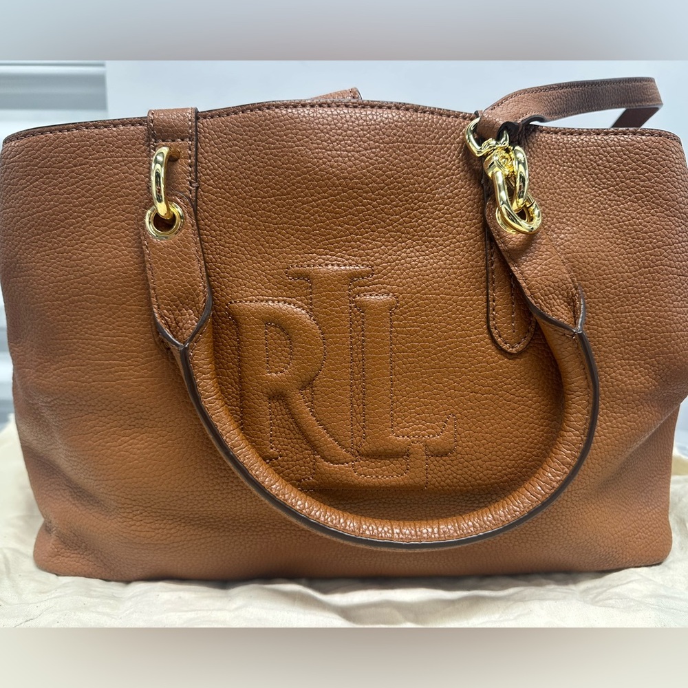 Ralph Lauren Brown Leather RL Hayward Embossed Tote Bag